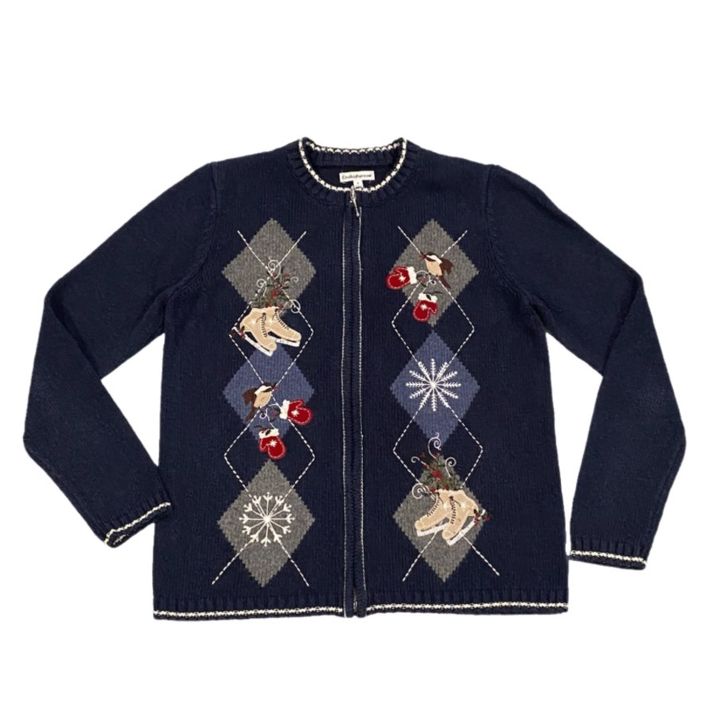 Croft & Barrow Full Zip Sweater Women’s S Embroidered Ice Skate Mittens Cardigan